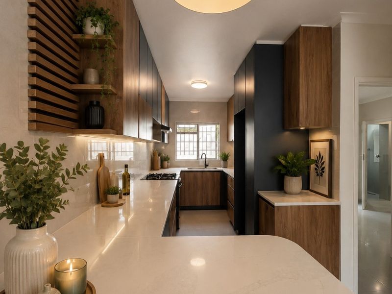 Modern galley kitchen featuring high-quality quartz countertops, custom timber and dark cabinetry, integrated gas hob, and stylish pendant lighting.