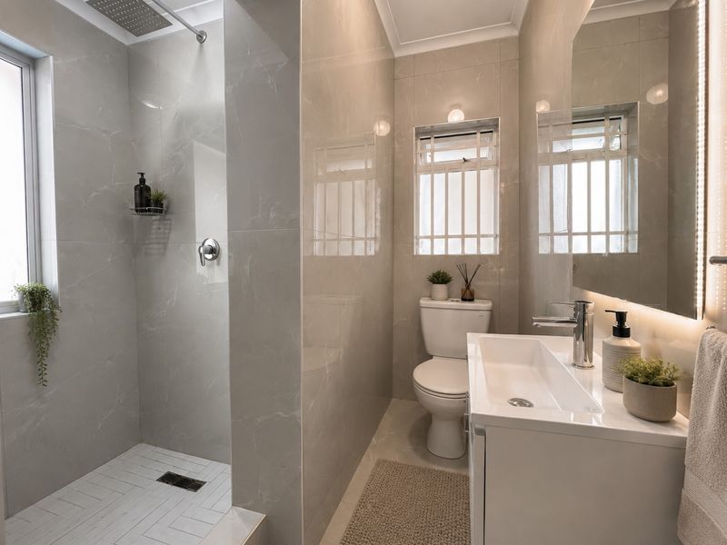 Modern bathroom featuring a walk-in shower with rain head, wall-mounted toilet, vanity with basin, and backlit mirror, finished with contemporary neutral tiling.