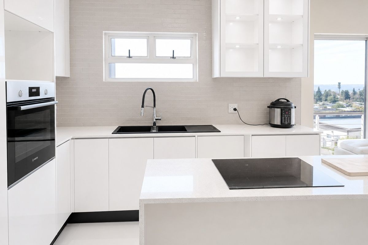 Modern kitchen featuring sleek white cabinetry, quartz countertops, subway tile backsplash, built-in oven, induction hob, and high-quality finishes with ample natural light.