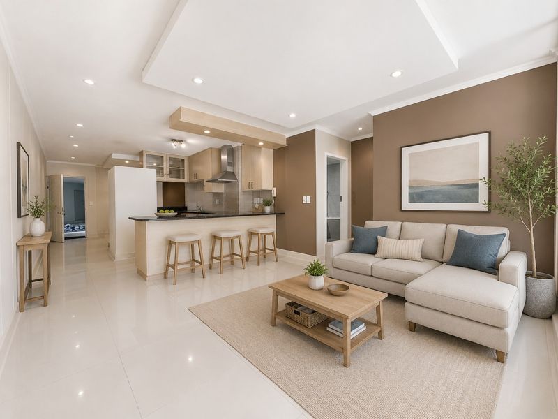 An open-plan living and kitchen area featuring light wood cabinetry, a breakfast bar, recessed lighting, and polished tiled flooring throughout.