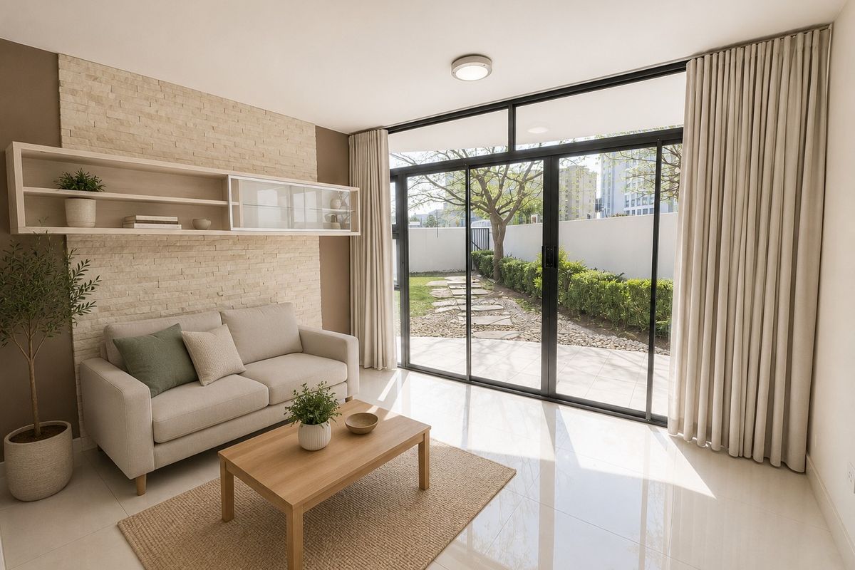 Bright living room featuring a stone accent wall, built-in shelving, and large sliding glass doors that open to a private garden area.