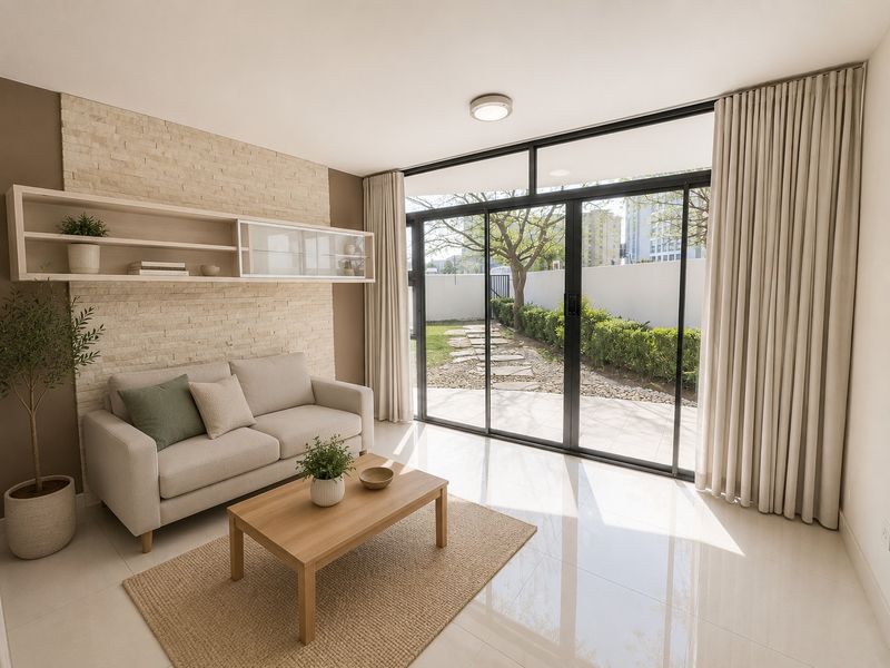 Bright living room featuring a stone accent wall, built-in shelving, and large sliding glass doors that open to a private garden area.