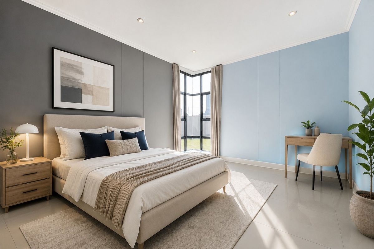 A bright and modern bedroom featuring tiled flooring, recessed downlights, and a large corner window that allows for ample natural light.