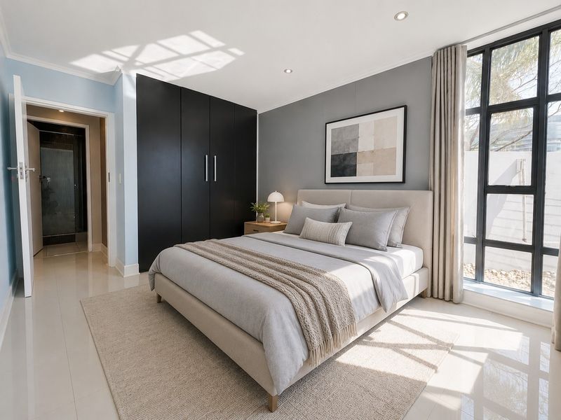 A modern, well-lit bedroom featuring sleek black built-in cupboards, large windows, and neutral tiled flooring, offering a clean and contemporary living space.