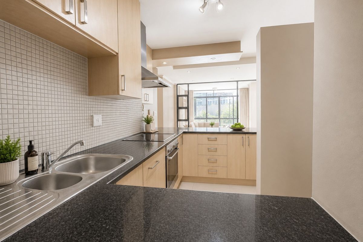 Modern kitchen featuring light wood cabinetry, dark granite countertops, mosaic tile backsplash, and integrated stainless steel appliances, flowing into an open-plan living area.