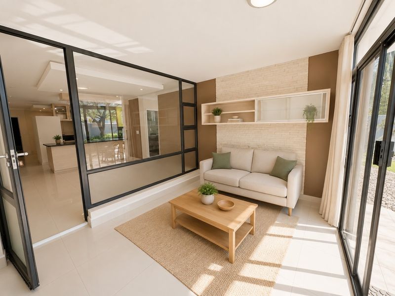 Modern living area featuring a stone accent wall, built-in shelving, and a large glass partition wall providing an open view into the kitchen space.