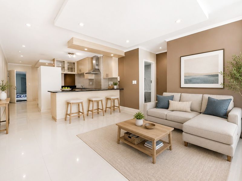 Modern open-plan living area featuring a well-appointed kitchen with breakfast bar, granite countertops, and recessed lighting, seamlessly flowing into the lounge space.
