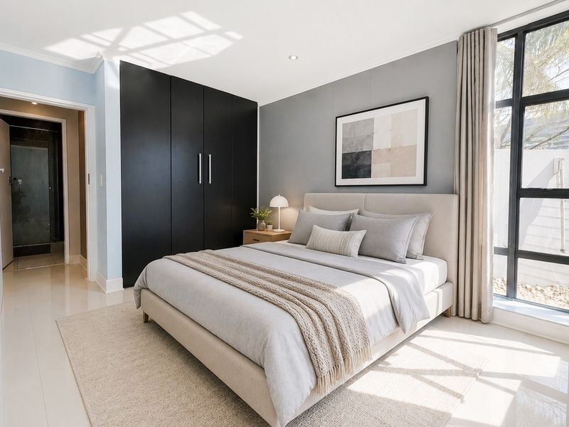 Modern bedroom featuring sleek black built-in cupboards, large windows providing natural light, and neutral tiled flooring in a well-maintained apartment setting.