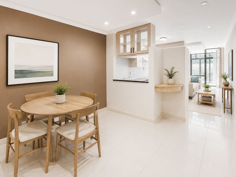Modern open-plan living and dining area featuring tiled floors, recessed lighting, and a functional kitchen pass-through with built-in cabinetry.