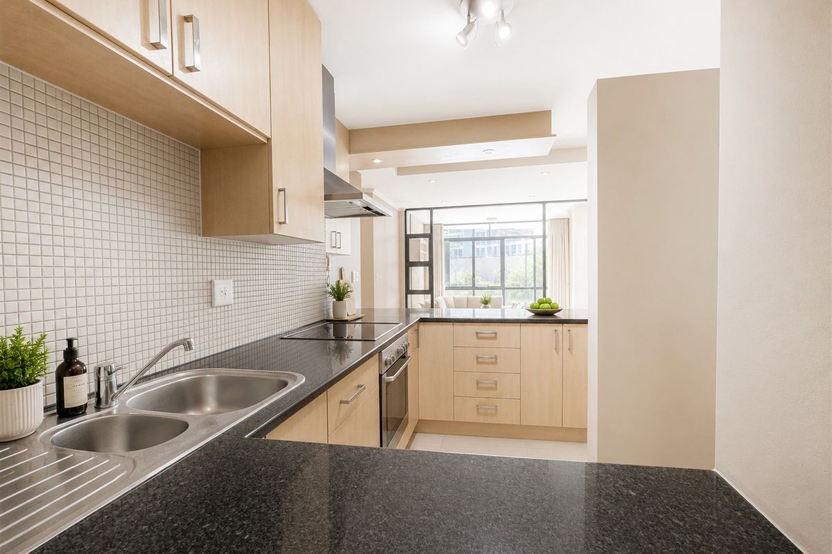 Modern kitchen featuring light wood cabinetry, dark granite countertops, mosaic tile backsplash, and integrated stainless steel appliances, flowing into an open-plan living area.