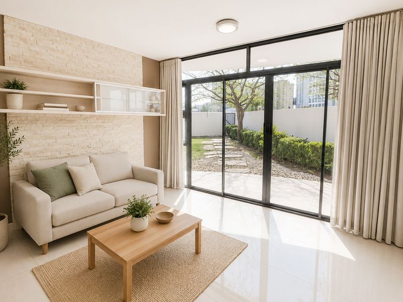 Bright living room featuring a textured stone accent wall, built-in shelving, and large sliding glass doors opening to a private garden area.