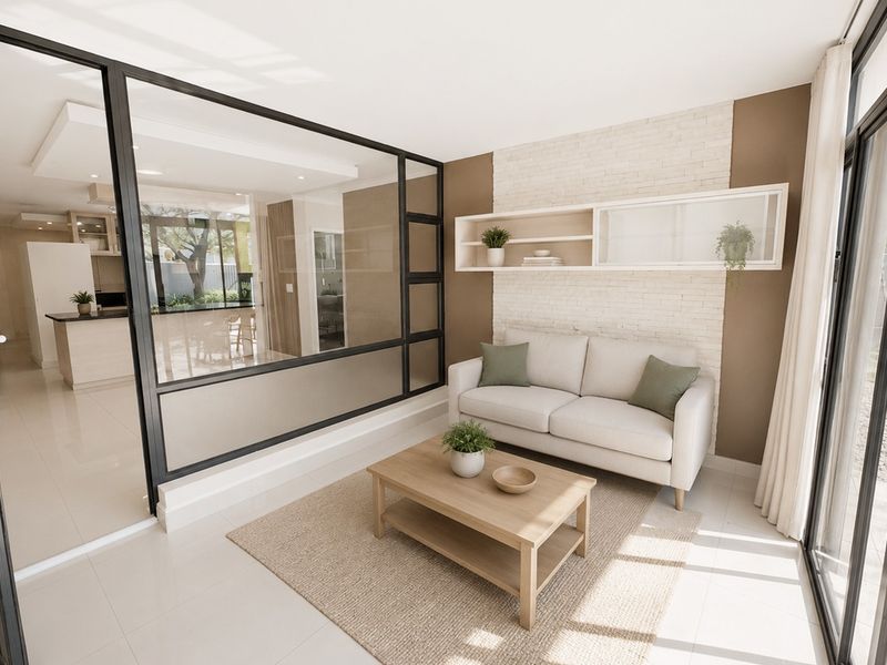 Modern living area featuring a stylish black-framed glass partition, stone-clad feature wall with built-in shelving, and large sliding doors leading to the exterior.