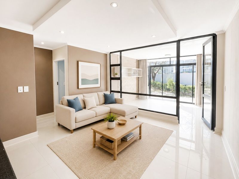 Modern living room featuring sleek tiled flooring, recessed lighting, and a stylish black-framed glass partition leading to an outdoor area.