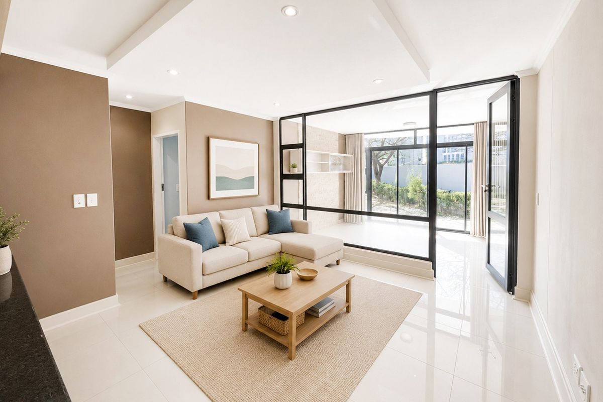 Modern living room featuring sleek tiled flooring, recessed lighting, and a stylish black-framed glass partition leading to an outdoor area.