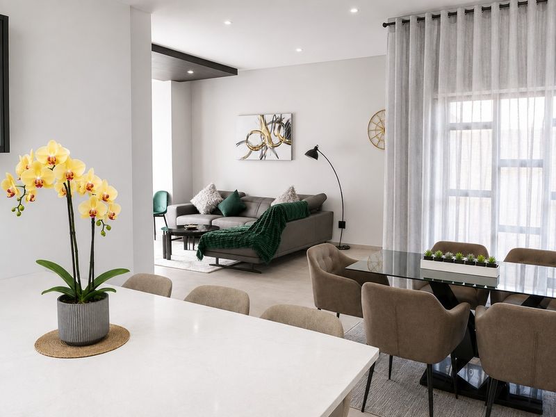 Modern open-plan living and dining area featuring neutral tones, tiled flooring, and recessed ceiling lighting, creating a bright and cohesive living space.