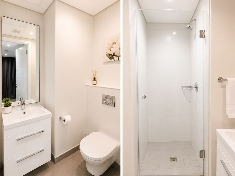 Modern bathroom featuring a wall-mounted vanity with integrated basin, concealed cistern toilet, and a glass-enclosed shower with neutral tiled finishes.