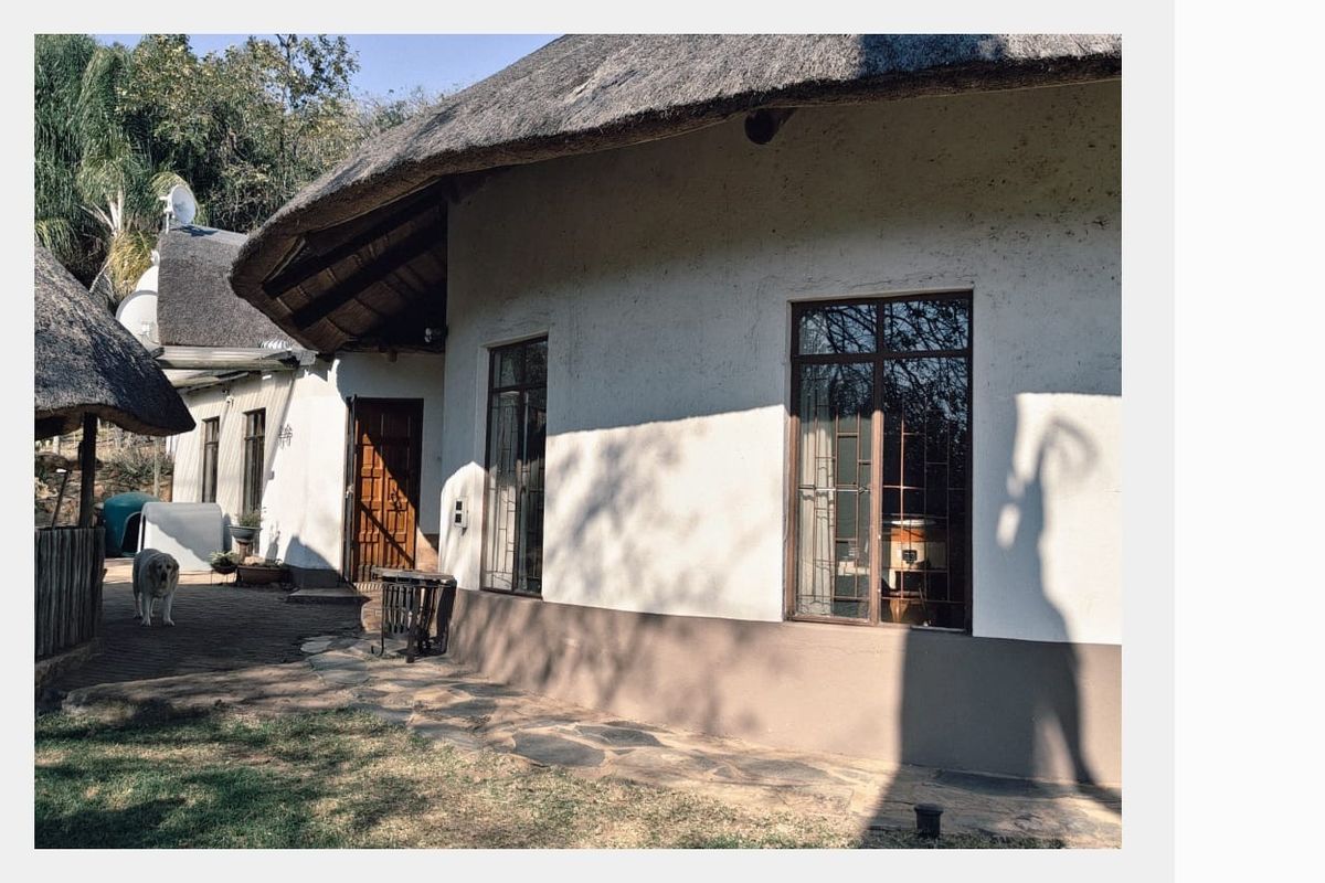 Rear view of a traditional farmhouse featuring a thatched roof, stone paved patio area, and secure window frames.
