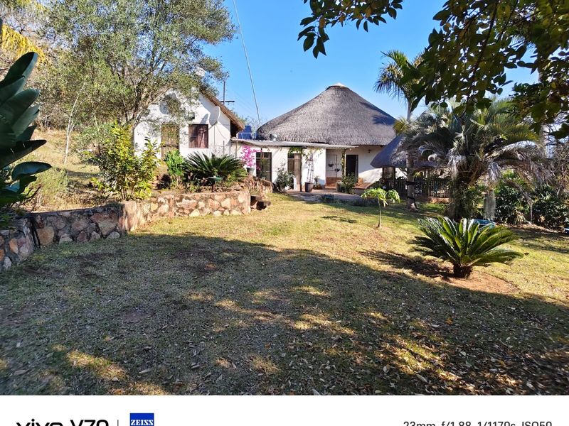 A view of the rear garden featuring a traditional thatched roof dwelling and stone retaining wall elements in a natural farm setting.
