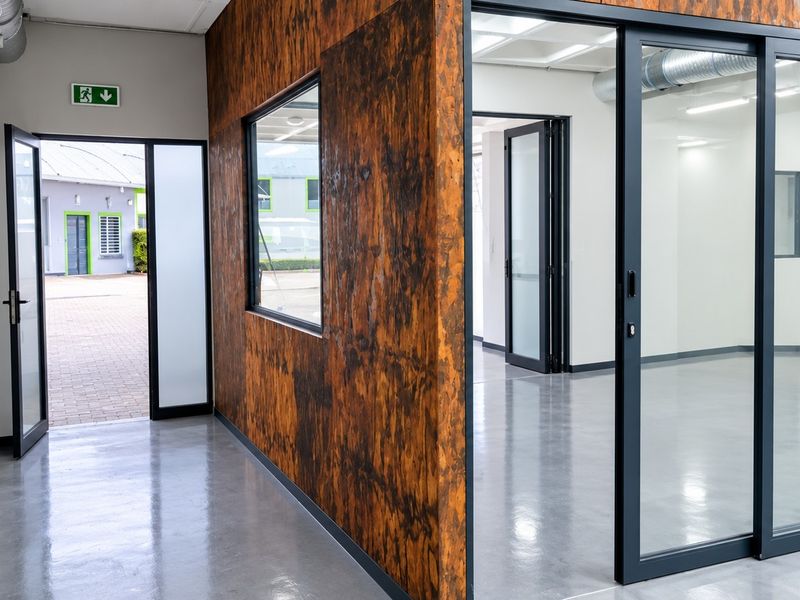Modern industrial office space featuring polished concrete floors, glass partitions, and exposed ductwork, offering a clean and professional environment.