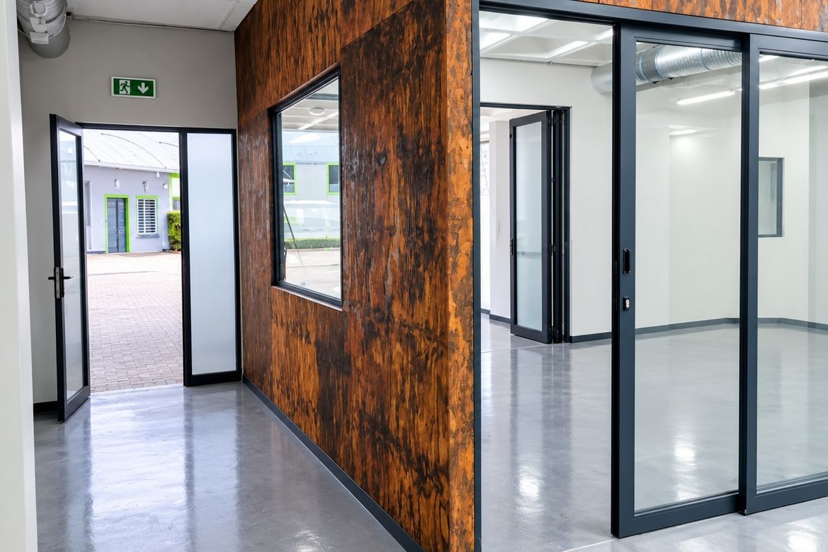Modern industrial office space featuring polished concrete floors, glass partitions, and exposed ductwork, offering a clean and professional environment.