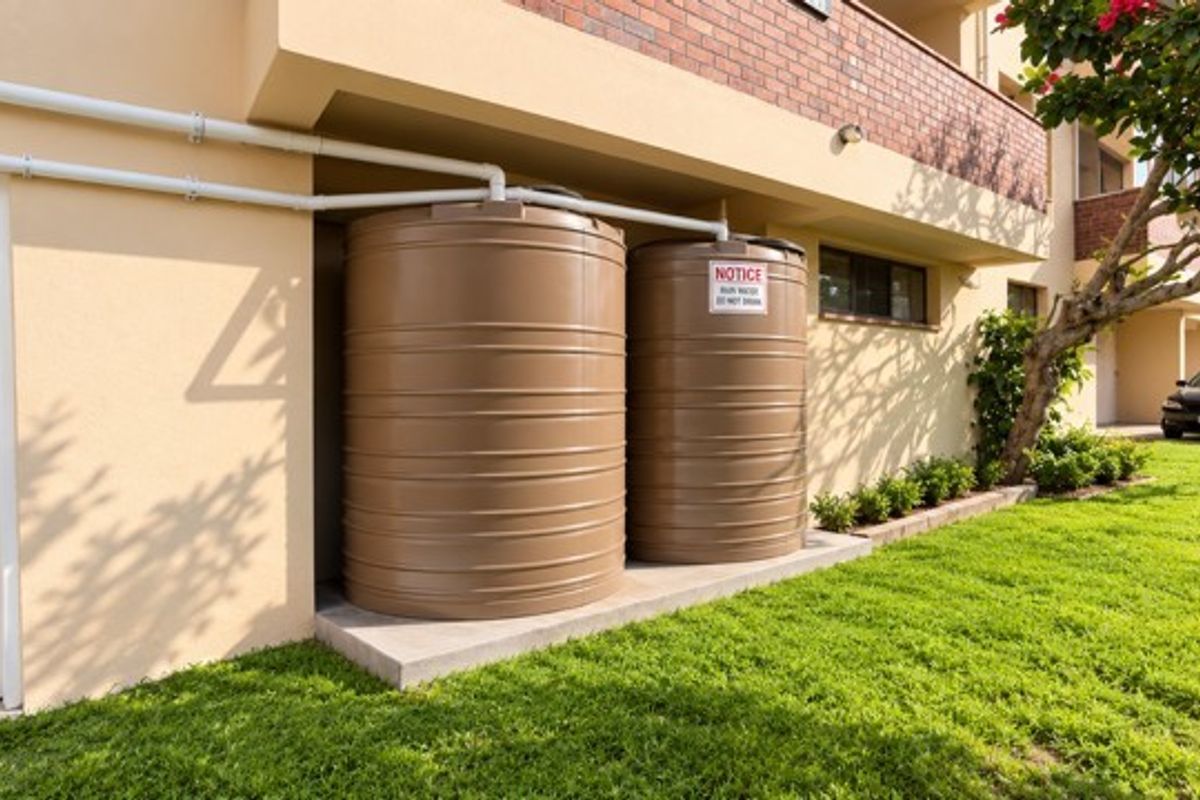 Exterior view of the apartment building featuring two large water storage tanks installed on a concrete base against the brick and rendered facade.