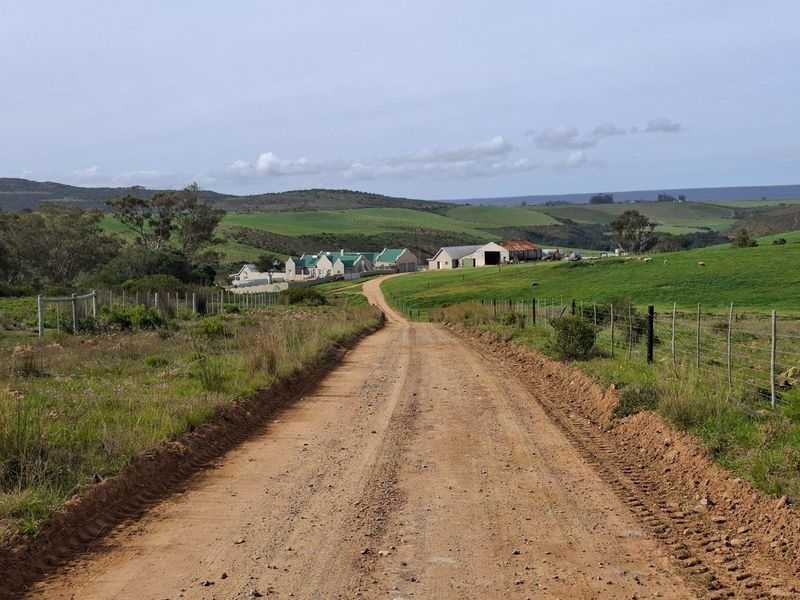 A scenic view of a dirt access road leading towards a collection of farm buildings set within rolling green hills.