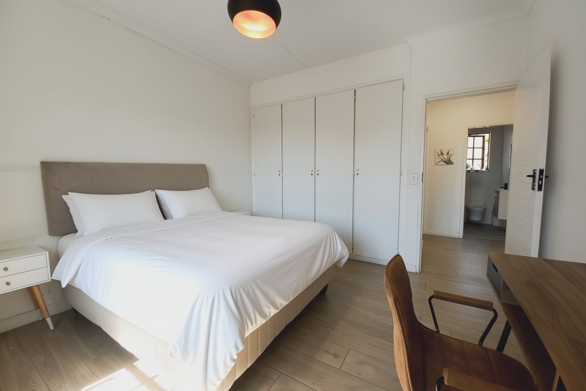 A bright, well-maintained bedroom featuring built-in cupboards, modern laminate flooring, and an en-suite bathroom access.