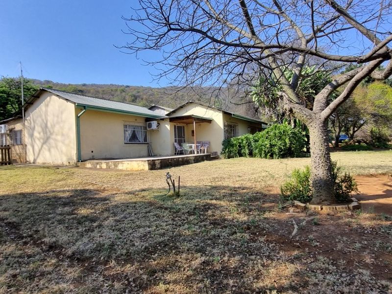 Rear view of the property showing a single-story dwelling with a covered patio, metal roof, and surrounding garden area.