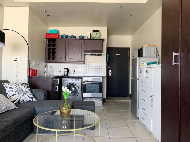Compact open-plan apartment featuring a functional kitchenette with built-in cabinetry, tiled backsplash, and integrated appliances, seamlessly connected to the living area.