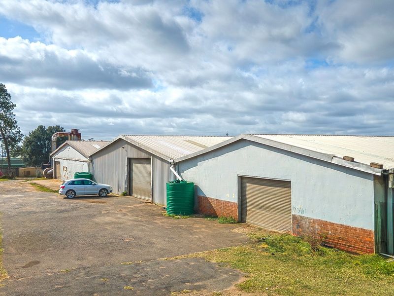Rear view of an industrial property featuring corrugated metal roofing, multiple roller shutter doors, and external water storage tanks set within a paved yard.