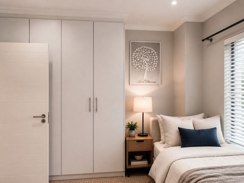 A well-maintained bedroom featuring built-in floor-to-ceiling wardrobes, modern venetian blinds, and recessed ceiling lighting.