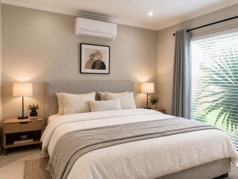 A well-maintained bedroom featuring a split-system air conditioner, neutral finishes, and large sliding glass doors providing natural light and garden views.