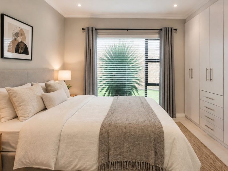 A well-maintained bedroom featuring neutral tones, ample built-in cupboard storage, recessed lighting, and a large window with venetian blinds and curtains.