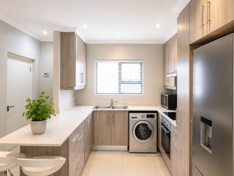 Modern kitchen featuring light wood-grain cabinetry, stone countertops, integrated appliances, and a breakfast bar, finished with neutral tiling and recessed lighting.
