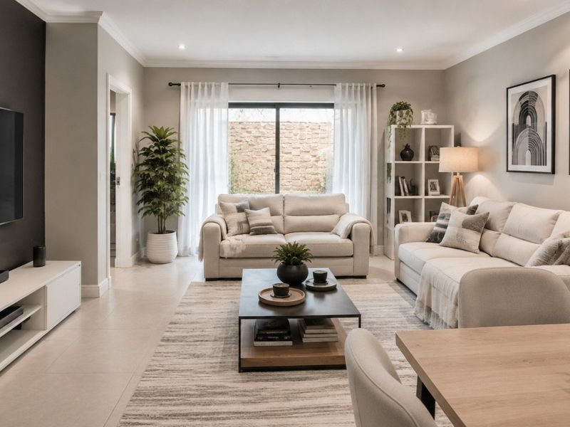 A well-lit, modern living room featuring neutral tones, tiled flooring, recessed lighting, and a sliding glass door leading to an outdoor area.