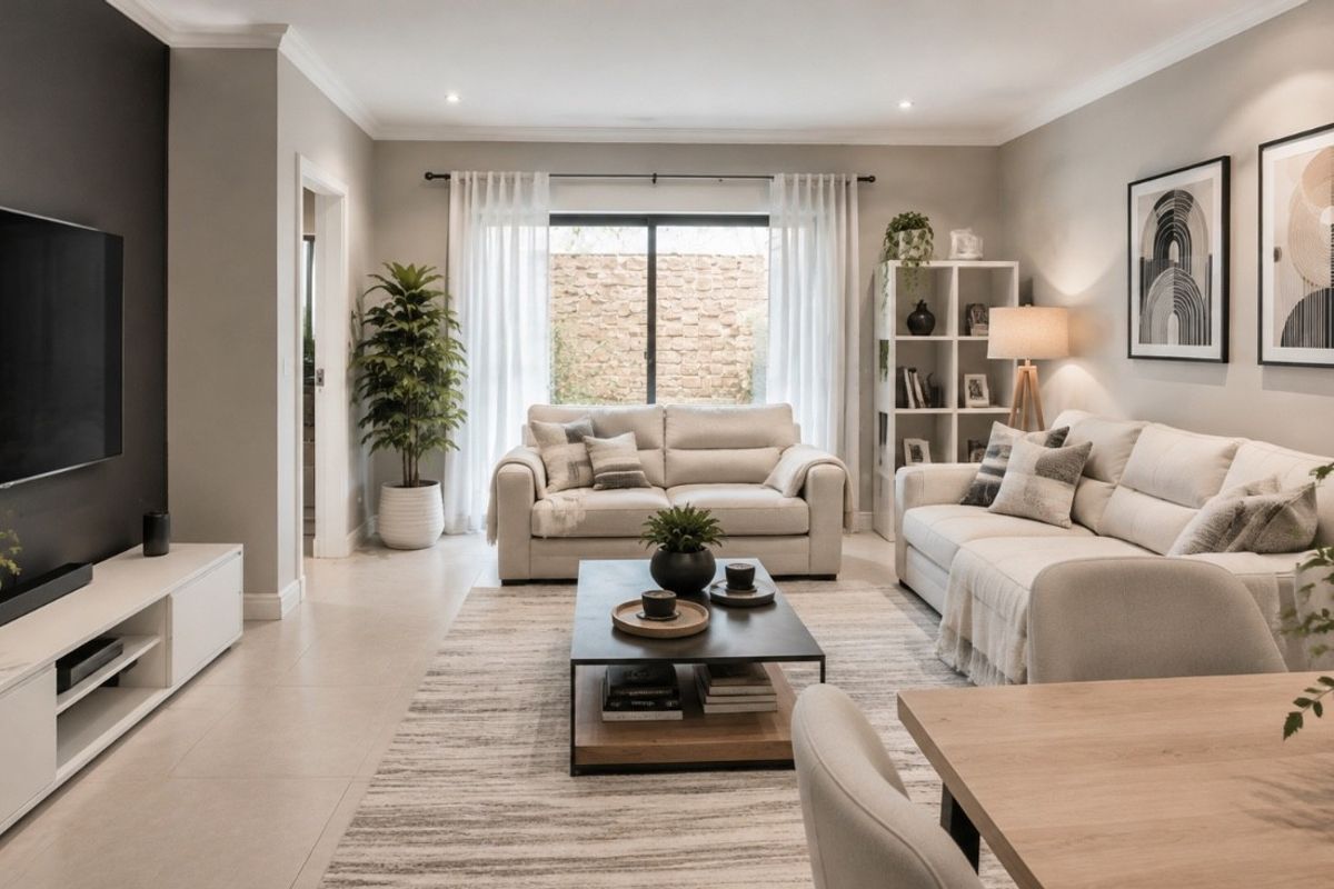 A well-lit, modern living room featuring neutral tones, tiled flooring, recessed lighting, and a sliding glass door leading to an outdoor area.