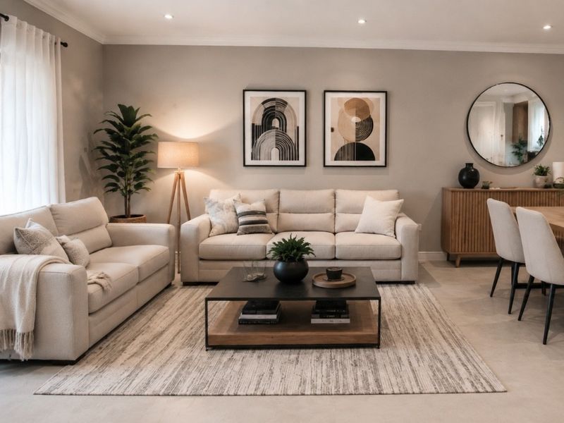 A well-presented open-plan living and dining area featuring neutral tones, recessed lighting, and large sliding glass doors providing natural light.