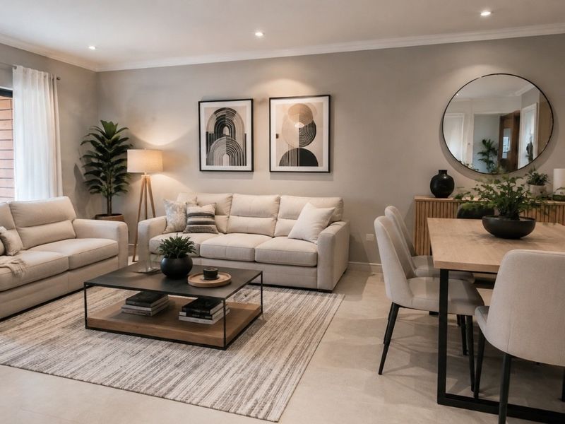 A modern, well-lit open-plan living and dining area featuring neutral tones, tiled flooring, and a sliding glass door leading to an outdoor space.
