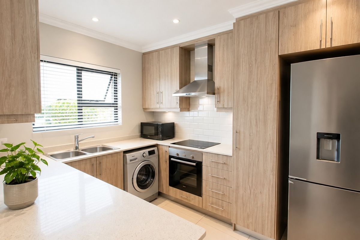 Modern kitchen featuring light wood-grain cabinetry, stone countertops, subway tile backsplash, and integrated stainless steel appliances including an oven, hob, and extractor fan.