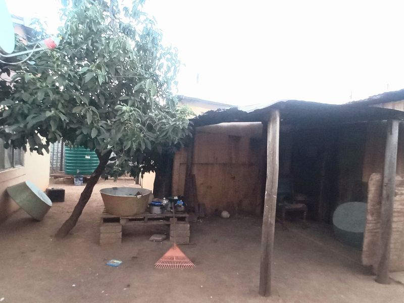 Rear exterior area featuring a basic covered structure with timber supports, a satellite dish, and a water tank in a weathered condition.