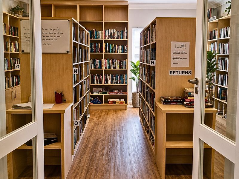 A well-maintained retirement village library featuring extensive built-in wooden shelving, laminate flooring, and recessed lighting, viewed through double glass doors.