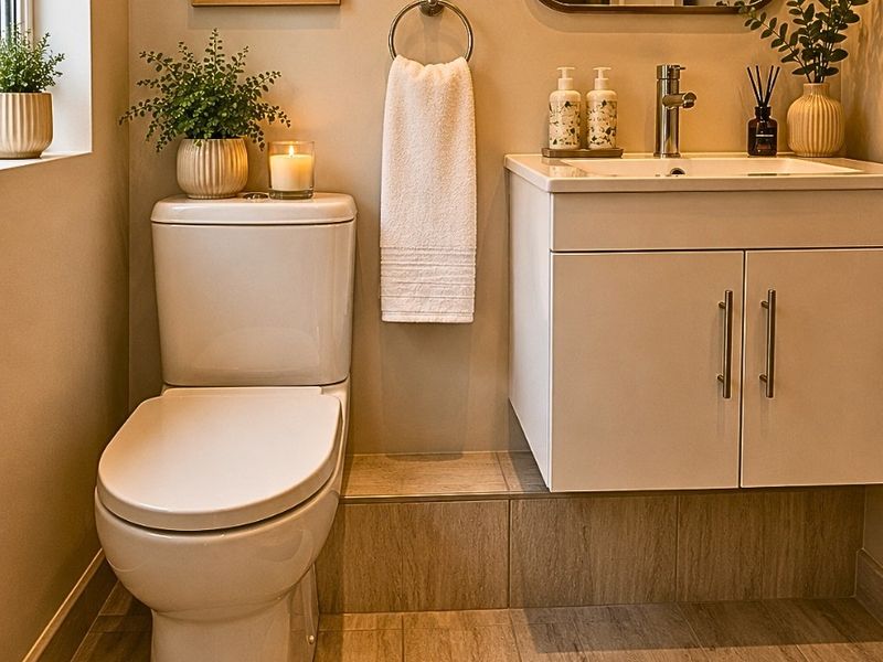 A modern, well-maintained bathroom featuring a wall-mounted vanity with a ceramic basin, chrome fixtures, and neutral floor tiling.