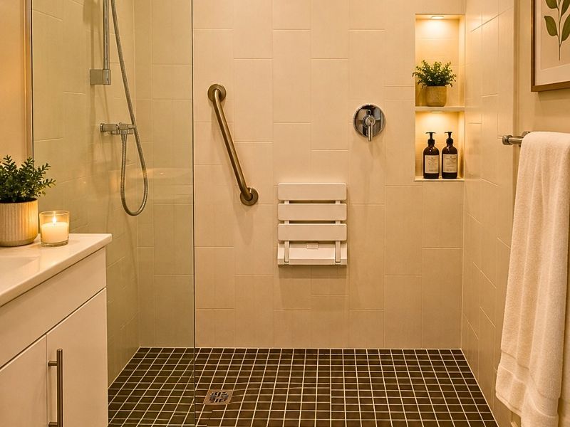 Modern accessible bathroom featuring a spacious walk-in shower with glass screen, fold-down seat, grab rail, and integrated recessed shelving.