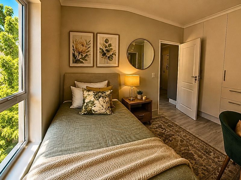 A well-lit bedroom featuring built-in cupboards, tiled flooring, and a large window providing natural light and garden views.