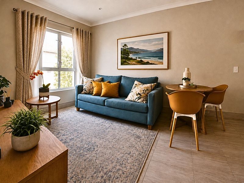 A well-maintained living area featuring neutral wall tones, tiled flooring, and natural light through an aluminium-framed window.