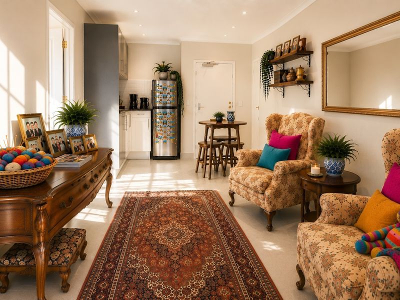 A bright open-plan living and kitchen area featuring neutral walls, tiled flooring, recessed lighting, and a functional kitchenette with built-in cabinetry.