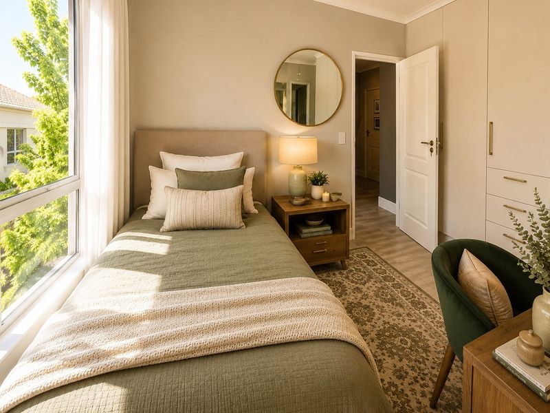 A well-lit, cozy bedroom featuring built-in cupboards, laminate flooring, and a large window providing natural light and garden views.