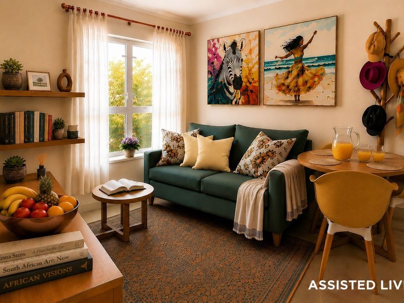 A cozy and well-lit living area featuring neutral walls, a large window with natural light, and built-in shelving.
