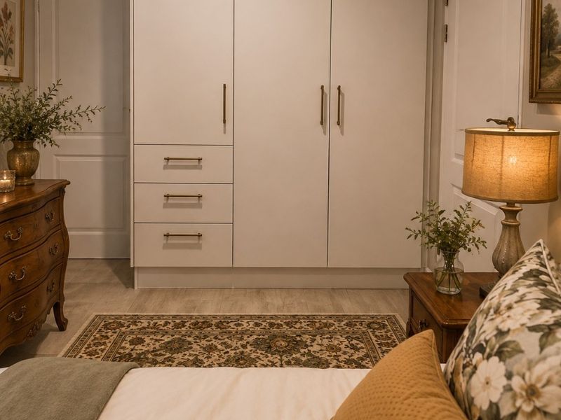 A well-maintained bedroom featuring modern built-in wardrobes with integrated drawers, neutral laminate flooring, and classic panel doors.
