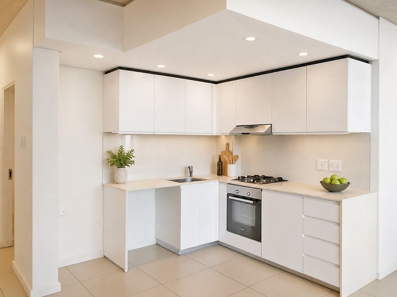 Modern kitchen featuring white cabinetry, integrated gas cooktop, built-in oven, extractor fan, and neutral tiled flooring in a clean, minimalist design.
